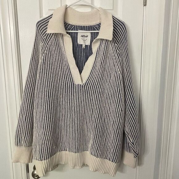 aerie Sweaters - Aerie Striped Knit Collared Sweater Size Large Blue Cream Pullover